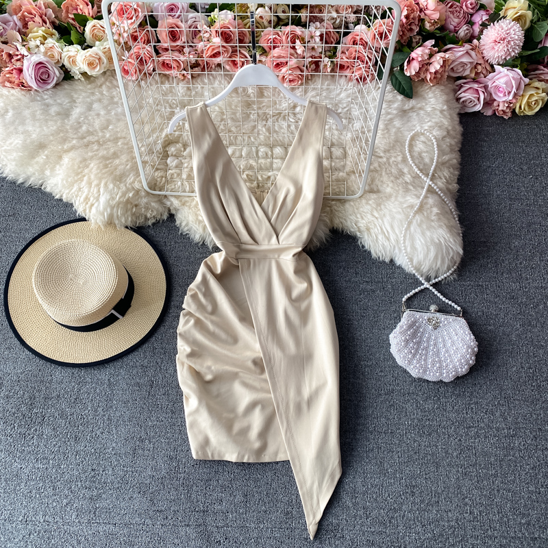 Nightclub Sexy V-neck Low-Cut Backless Slim Fit Irregular Slit Hip Skirt Base Skirt Suspender Dress for Women