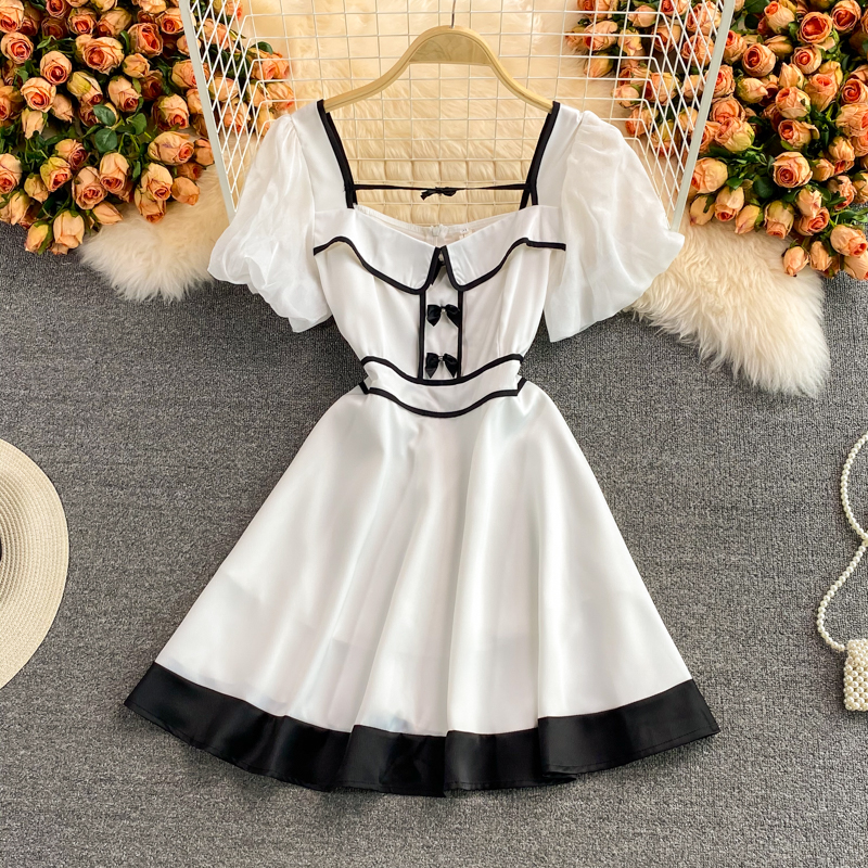 Summer New Hepburn Court Style Graceful Puff Sleeve Bow High Waist Super-Fairy Petite Dress for Women - Image 2