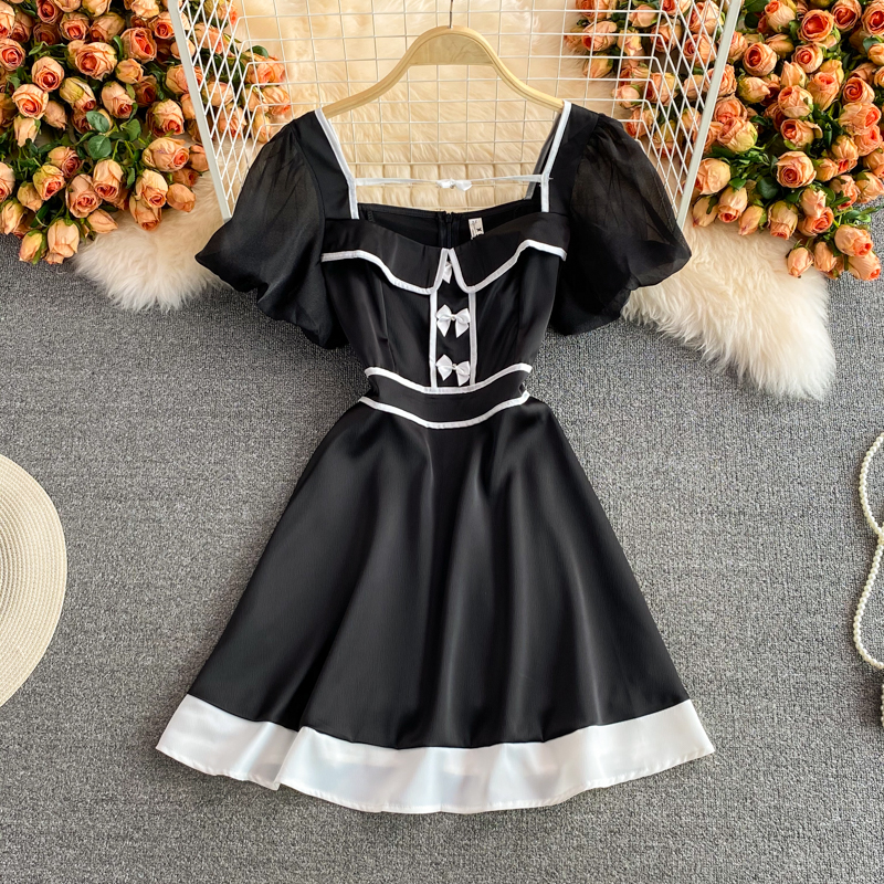 Summer New Hepburn Court Style Graceful Puff Sleeve Bow High Waist Super-Fairy Petite Dress for Women - Image 3