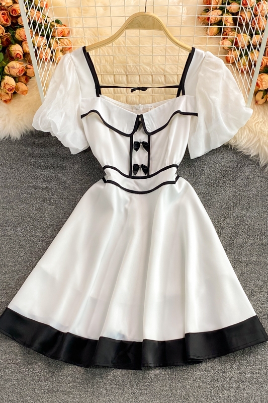 Summer New Hepburn Court Style Graceful Puff Sleeve Bow High Waist Super-Fairy Petite Dress for Women - Image 7