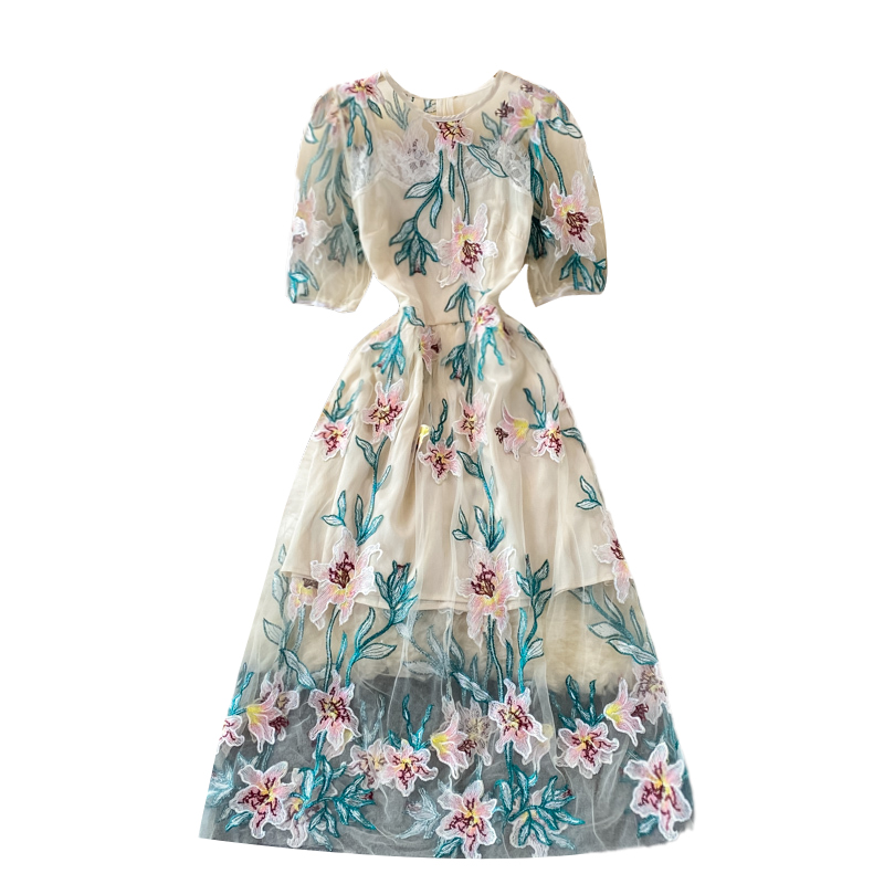 summer new European and American high-end temperament mesh embroidered high waist slim round neck dress - Image 6