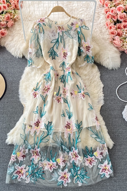summer new European and American high-end temperament mesh embroidered high waist slim round neck dress - Image 7