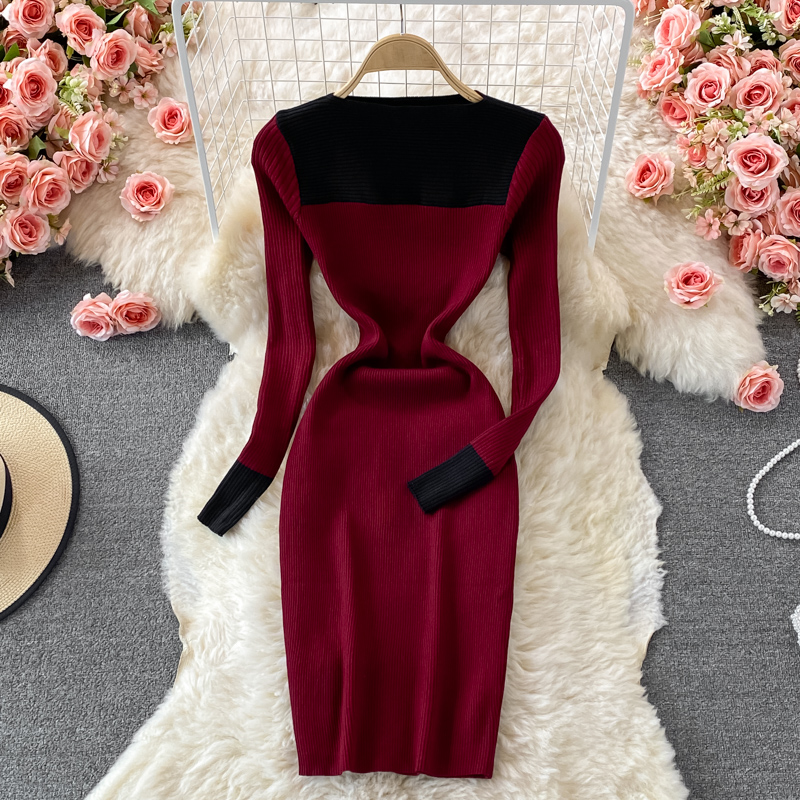 Stand Collar Stretch Knitted Dress Women's Temperament Mid-Length Skinny Hip Skirt Autumn and Winter Slim Fit Base Sweater Dress