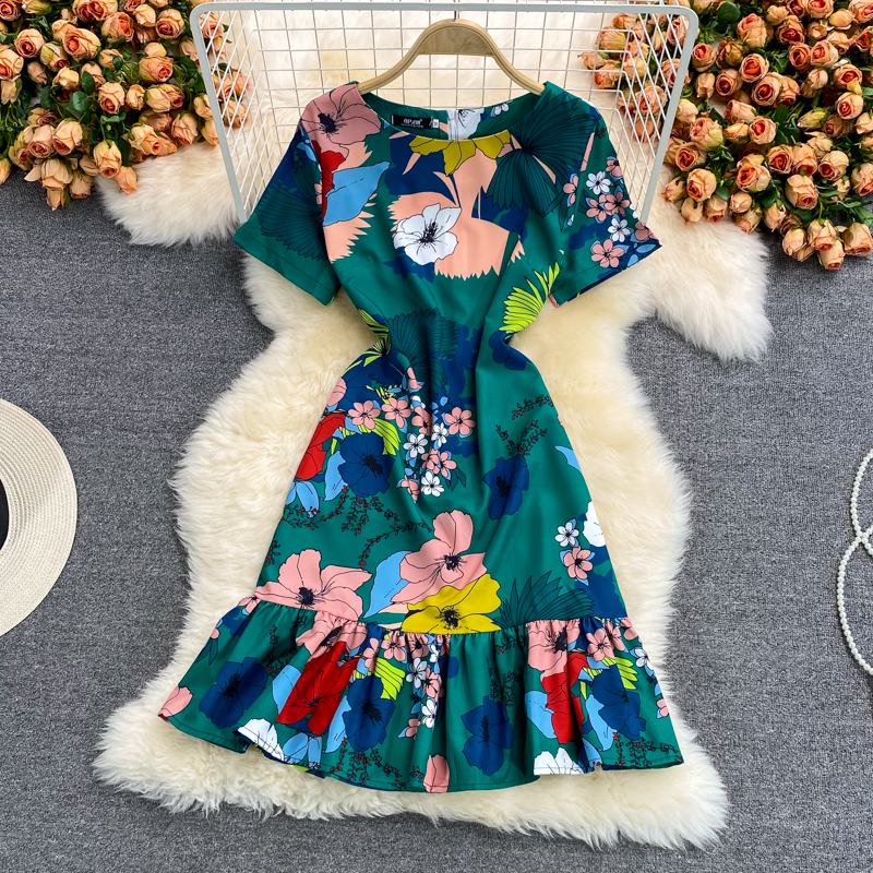 summer New Elegant Graceful round Neck Short Sleeve Floral Mid-Length Slim Fit Slimming Flounce Dress - Image 2
