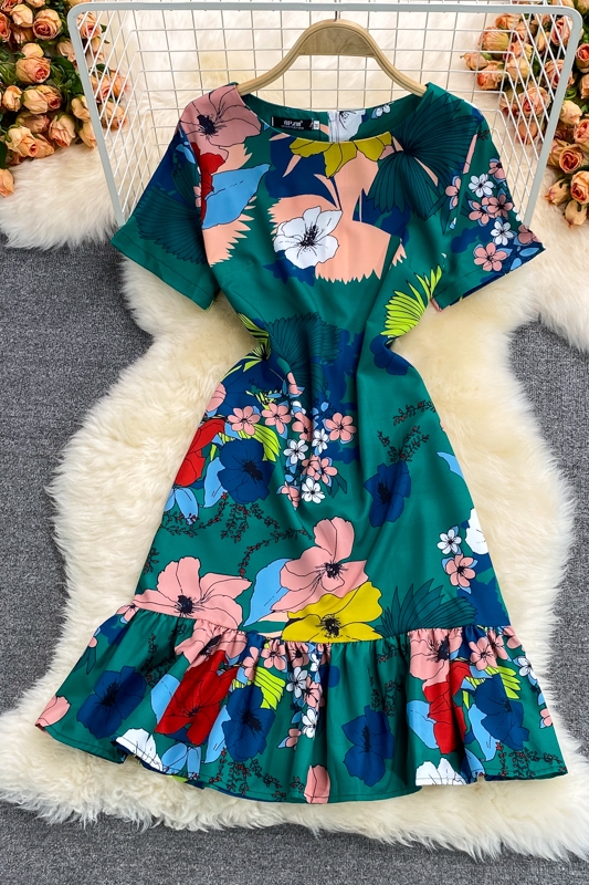 summer New Elegant Graceful round Neck Short Sleeve Floral Mid-Length Slim Fit Slimming Flounce Dress - Image 7