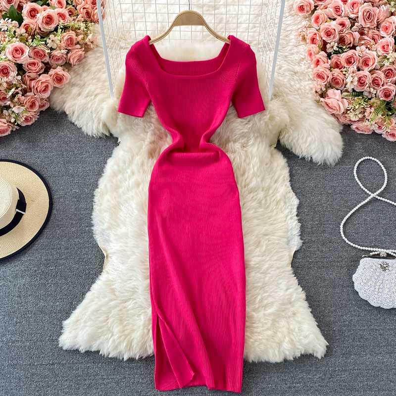 Summer New Korean Style Retro Square Collar Tight Waist Slim Backless Mid-Length Knitted Sheath Dress Short Sleeve - Image 2
