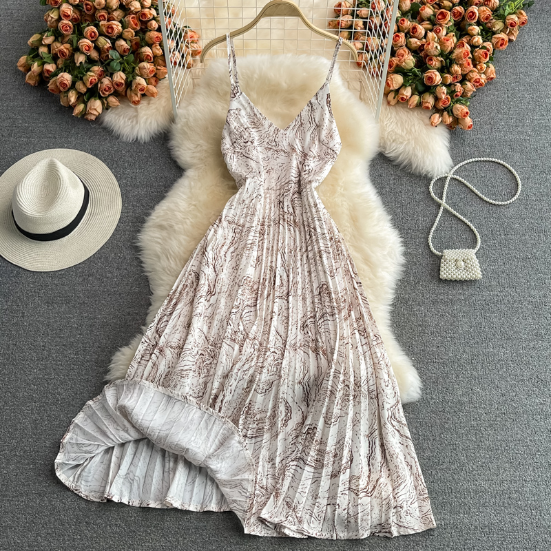 Seaside Holiday Floral Slip Dress Vest Chiffon Pleated Dress Women's Summer Slimming Temperament Fairy Long Dress
