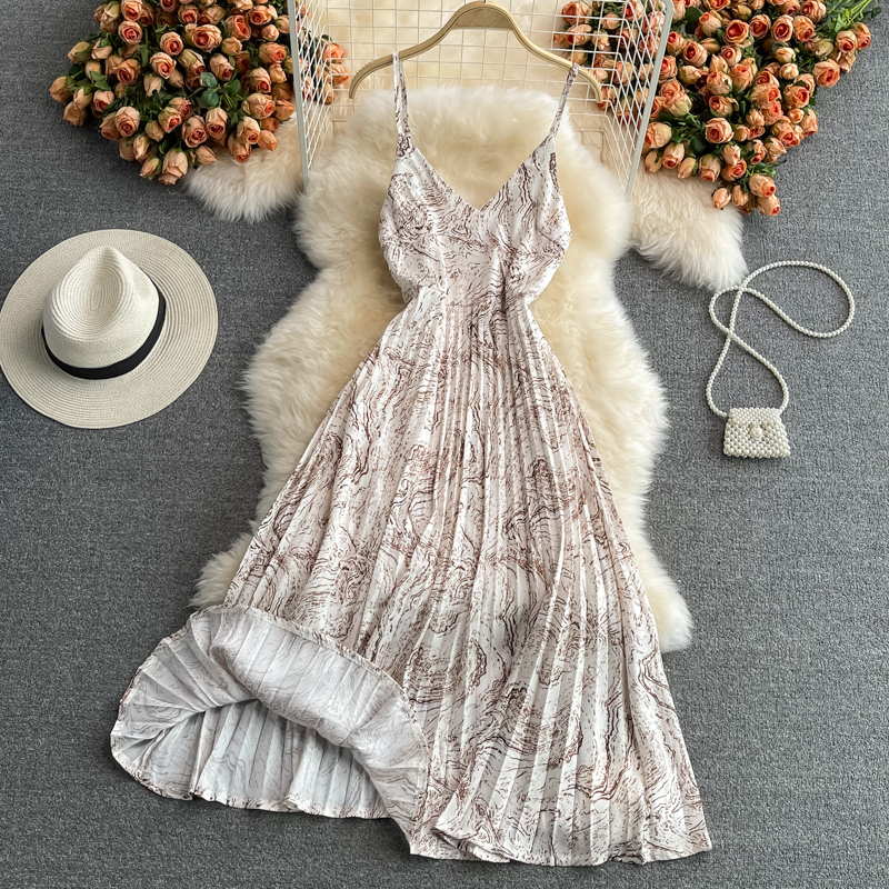 Seaside Holiday Floral Slip Dress Vest Chiffon Pleated Dress Women's Summer Slimming Temperament Fairy Long Dress - Image 3