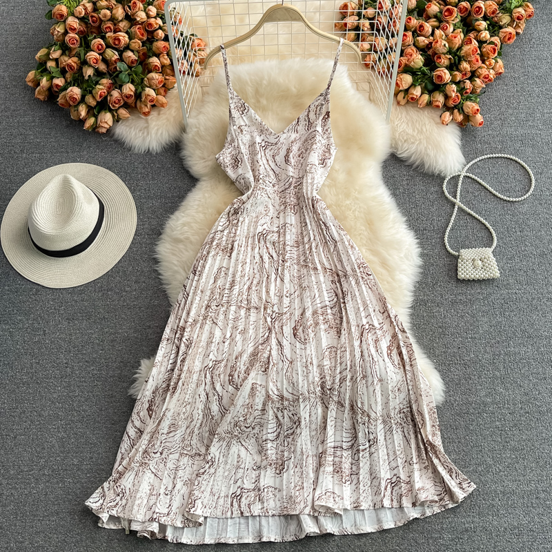 Seaside Holiday Floral Slip Dress Vest Chiffon Pleated Dress Women's Summer Slimming Temperament Fairy Long Dress - Image 5