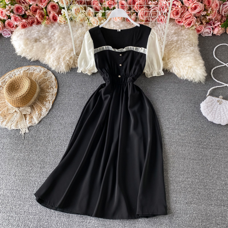 Retro Fake Two Pieces Square Collar Dress Short Sleeve Spring New Elegant Chic Waist-Tight Lady Mid-Length Skirt - Image 3