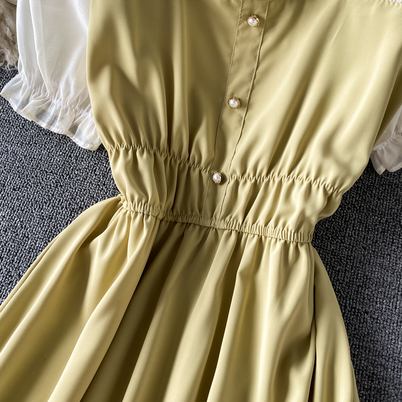 Retro Fake Two Pieces Square Collar Dress Short Sleeve Spring New Elegant Chic Waist-Tight Lady Mid-Length Skirt - Image 5