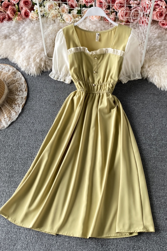 Retro Fake Two Pieces Square Collar Dress Short Sleeve Spring New Elegant Chic Waist-Tight Lady Mid-Length Skirt - Image 7