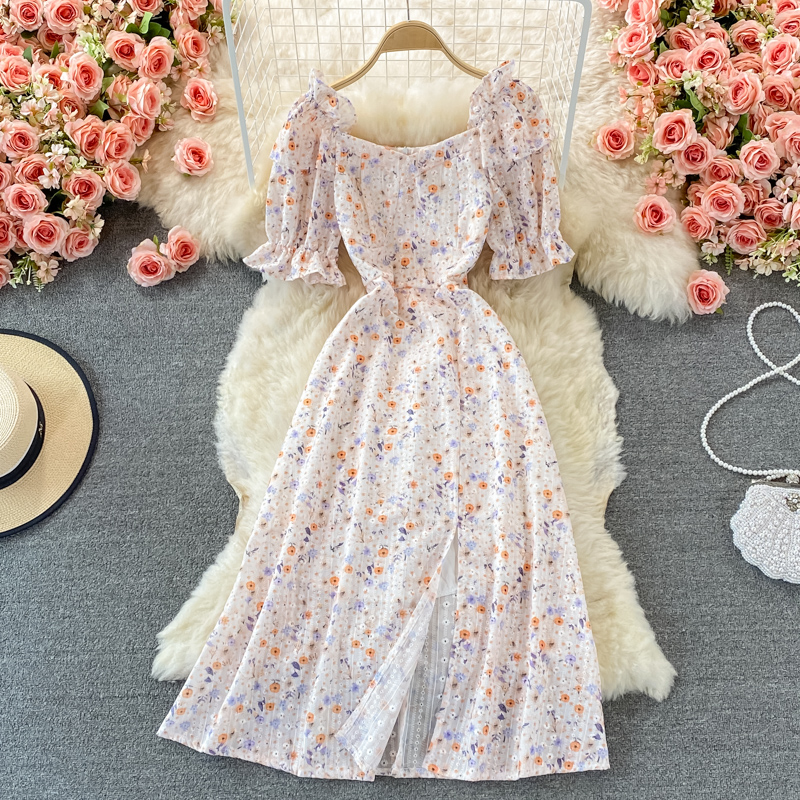 Summer New French Style Temperament Square Collar Mid-Length Tight Waist Bubble Sleeve Split Floral Chiffon Dress for Women - Image 2