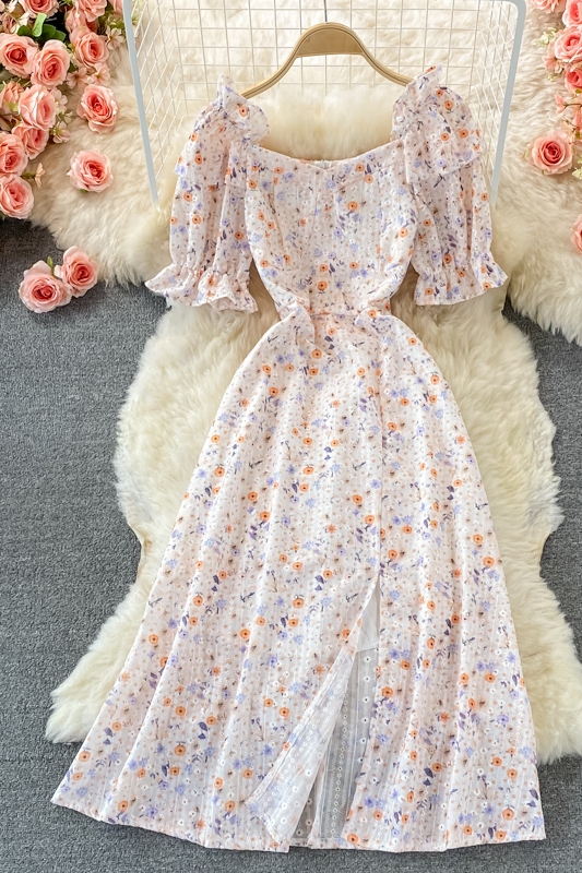 Summer New French Style Temperament Square Collar Mid-Length Tight Waist Bubble Sleeve Split Floral Chiffon Dress for Women - Image 7