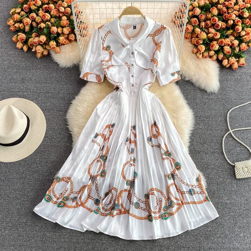 Summer Elegance Elegant Socialite Waist Slimming Printed Pleated Puffy Dress Short Sleeve High-End Dress - Image 2