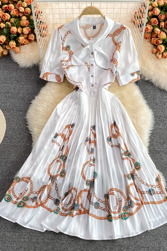 Summer Elegance Elegant Socialite Waist Slimming Printed Pleated Puffy Dress Short Sleeve High-End Dress - Image 7