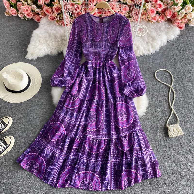 Thailand resort island beach dress to restore ancient ways the wave Bohemia round collar dress elegant printing posed long skirt
