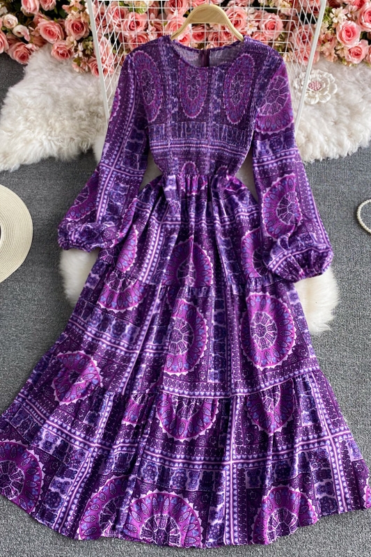Thailand resort island beach dress to restore ancient ways the wave Bohemia round collar dress elegant printing posed long skirt - Image 7