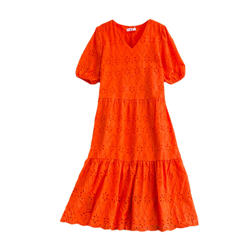 Seaside Holiday Beach Dress V-neck Puff Sleeve Dress Summer Loose Slimming Dignified Hollow Large Swing Dress - Image 6