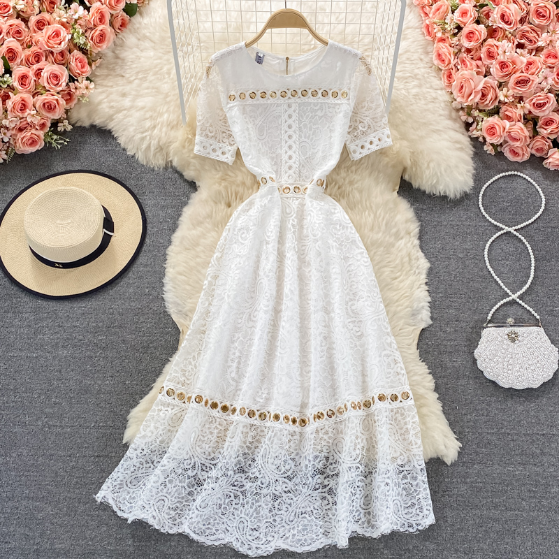 French round Neck Lace Dress for Women Summer New Fairy Lady Super Fairy Mori Style Waist-Tight Slimming Elegant Long Dress - Image 2