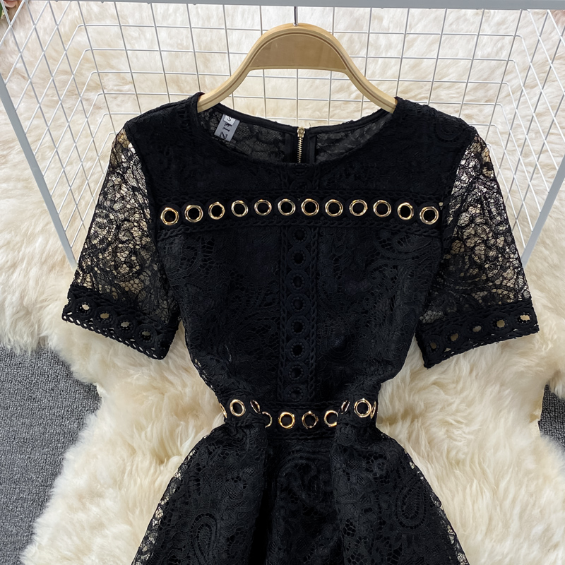 French round Neck Lace Dress for Women Summer New Fairy Lady Super Fairy Mori Style Waist-Tight Slimming Elegant Long Dress - Image 4