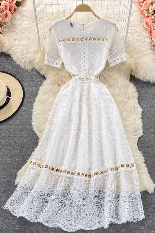 French round Neck Lace Dress for Women Summer New Fairy Lady Super Fairy Mori Style Waist-Tight Slimming Elegant Long Dress - Image 7