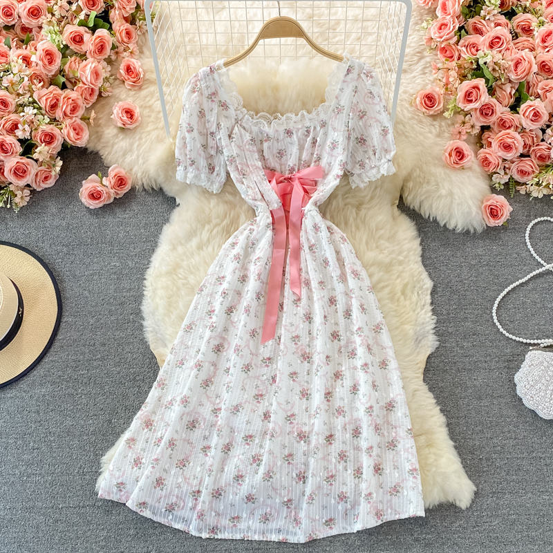 Summer New Women's Gentle French First Love Sweet Pink Floral Chiffon Puff Sleeve Square Collar Dress - Image 2