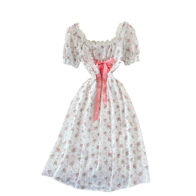 Summer New Women's Gentle French First Love Sweet Pink Floral Chiffon Puff Sleeve Square Collar Dress - Image 6