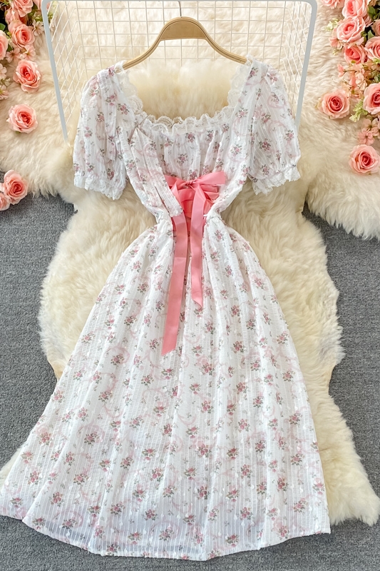 Summer New Women's Gentle French First Love Sweet Pink Floral Chiffon Puff Sleeve Square Collar Dress - Image 7