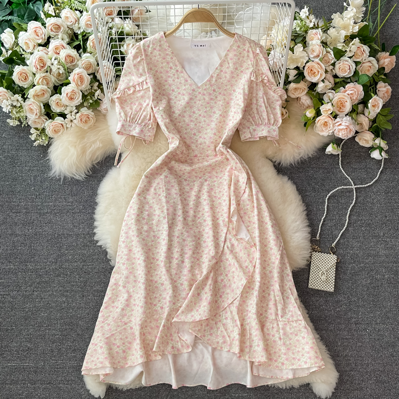 Summer New Sweet Elegant Floral Dress for Women Gentle Super Fairy Ruffled V-neck Mid-Length Skirt - Image 2