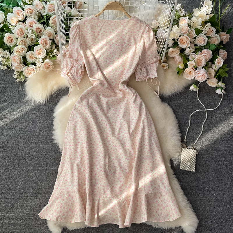 Summer New Sweet Elegant Floral Dress for Women Gentle Super Fairy Ruffled V-neck Mid-Length Skirt - Image 5