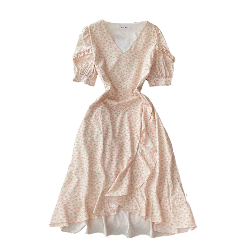 Summer New Sweet Elegant Floral Dress for Women Gentle Super Fairy Ruffled V-neck Mid-Length Skirt - Image 6
