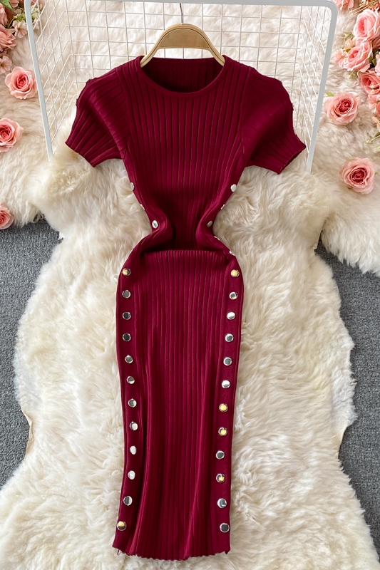 French Style Retro round Neck Short Sleeves Skinny Slimming Side Double Breasted Sheath Skirt Stretch Knitted Dress Summer - Image 7