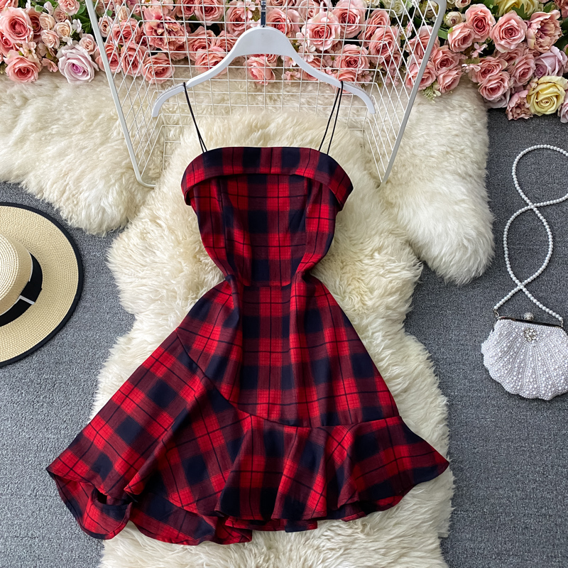 French First Love A- line Dress Dark Plaid Waist Tight Small Suspender Dress Slim Slimming Elegant Dress Summer - Image 2