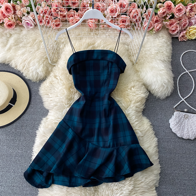 French First Love A- line Dress Dark Plaid Waist Tight Small Suspender Dress Slim Slimming Elegant Dress Summer - Image 3