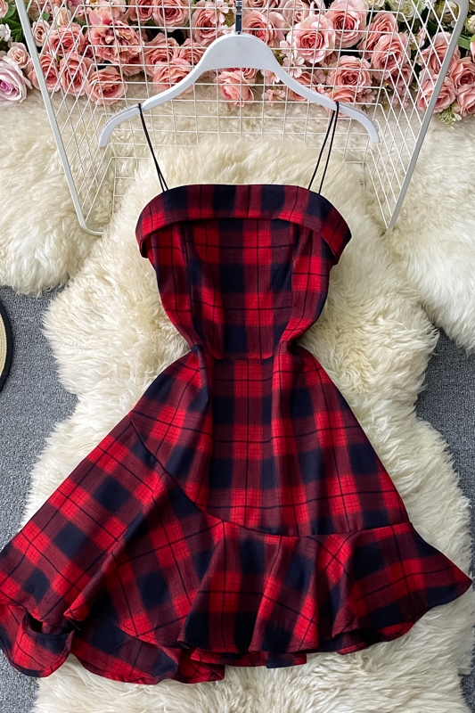 French First Love A- line Dress Dark Plaid Waist Tight Small Suspender Dress Slim Slimming Elegant Dress Summer - Image 7