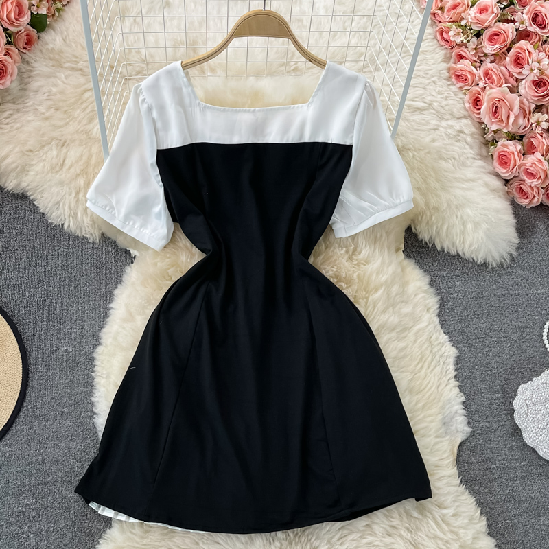 Summer New Elegant French Style Square Collar Puff Sleeve Patchwork Retro Contrast Color Irregular Pleated Dress for Women - Image 5