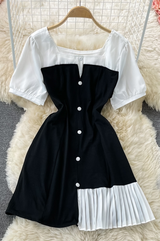 Summer New Elegant French Style Square Collar Puff Sleeve Patchwork Retro Contrast Color Irregular Pleated Dress for Women - Image 7