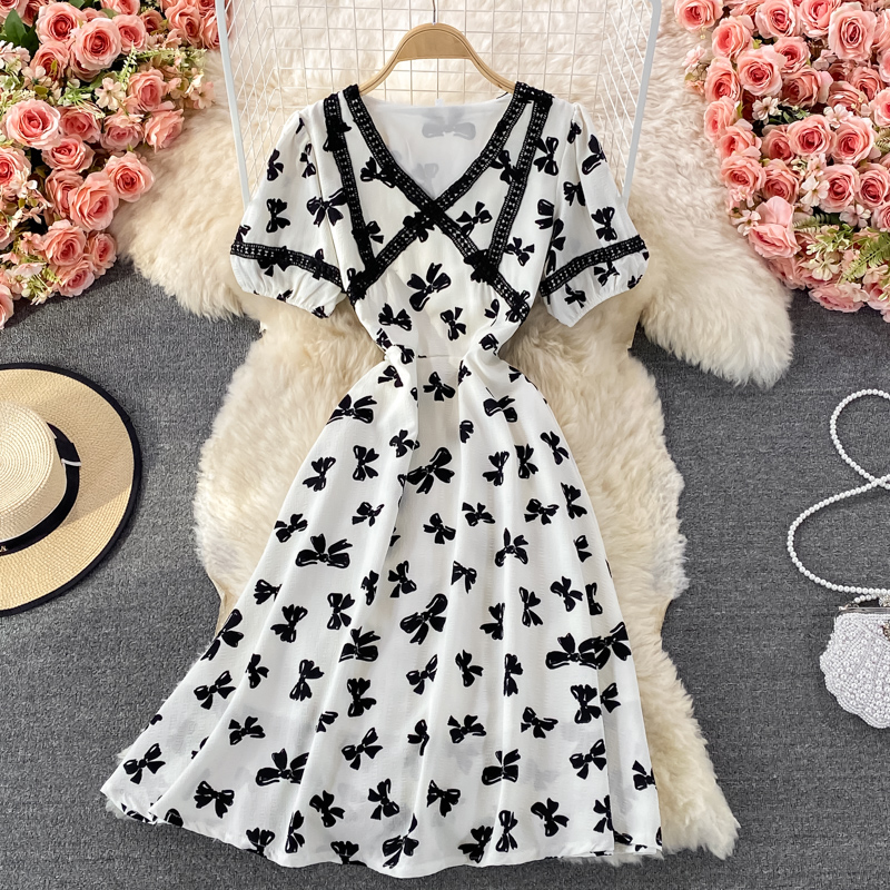 French First Love Sweet Dress Female Summer Bow Printed V-neck Waist Temperament Midi Skirt Short Sleeve - Image 2