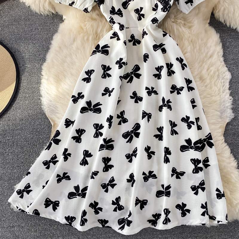French First Love Sweet Dress Female Summer Bow Printed V-neck Waist Temperament Midi Skirt Short Sleeve - Image 4
