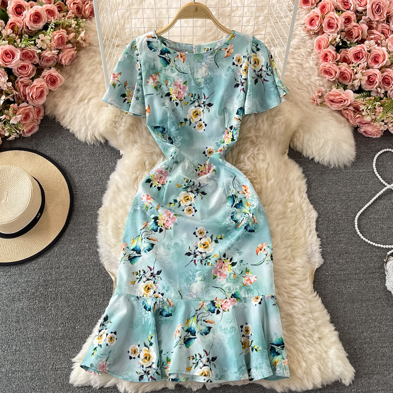 summer New French Slimming Adult Lady like Woman Lightly Mature Ol Temperament Crew Neck Fishtail Sheath Dress Short Sleeve - Image 2
