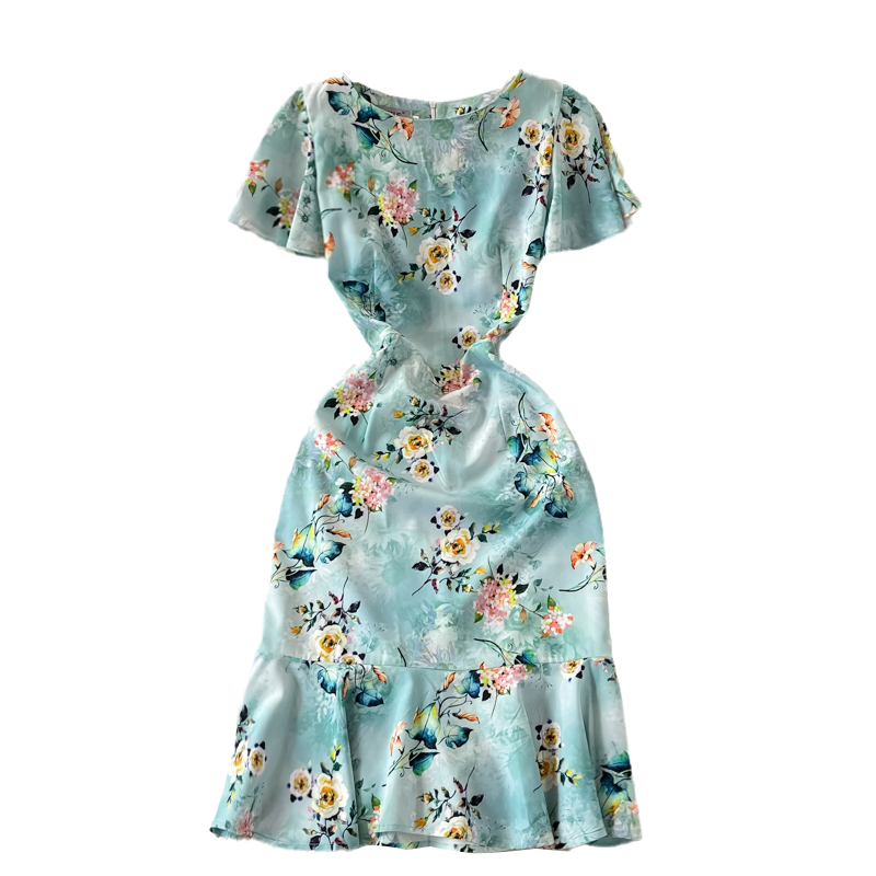 summer New French Slimming Adult Lady like Woman Lightly Mature Ol Temperament Crew Neck Fishtail Sheath Dress Short Sleeve - Image 6