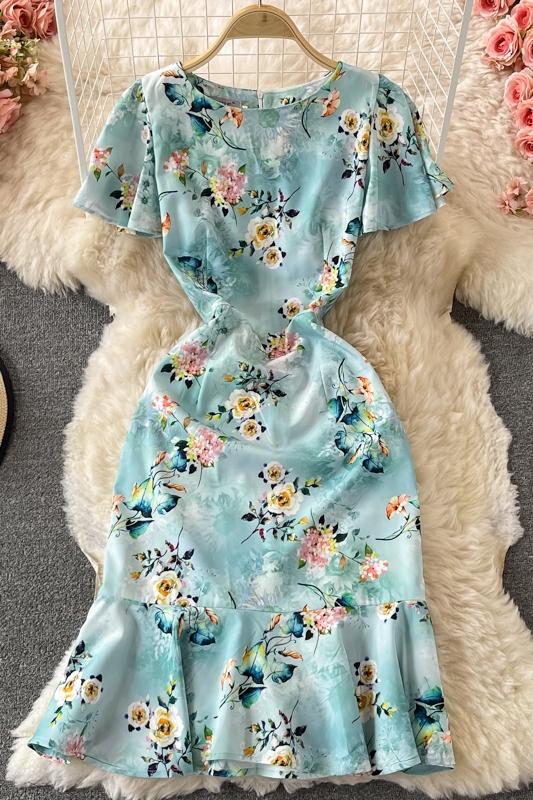 summer New French Slimming Adult Lady like Woman Lightly Mature Ol Temperament Crew Neck Fishtail Sheath Dress Short Sleeve - Image 7