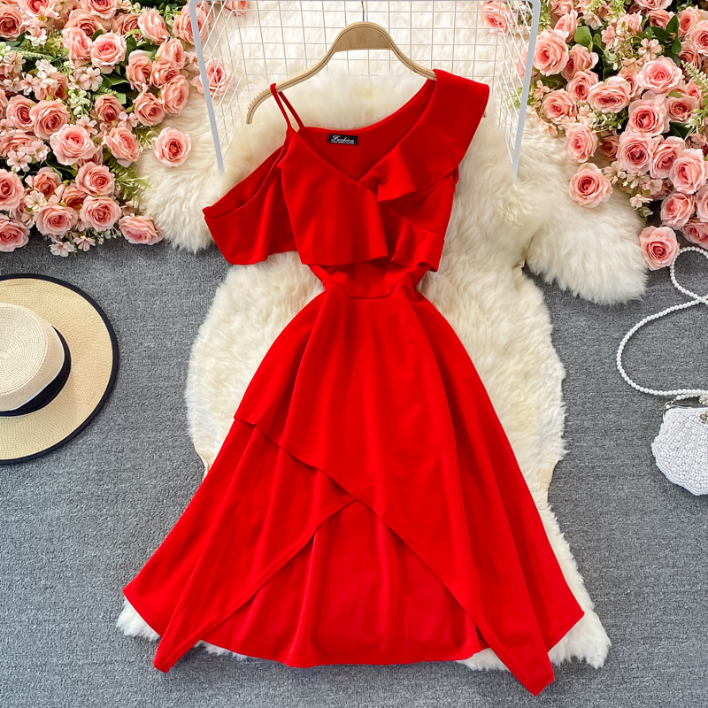Summer New Elegant Sexy Cold-Shoulder Elegant Irregular Design Ruffled Spaghetti Straps Dress Fashion Dress - Image 2