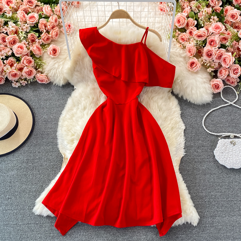 Summer New Elegant Sexy Cold-Shoulder Elegant Irregular Design Ruffled Spaghetti Straps Dress Fashion Dress - Image 4