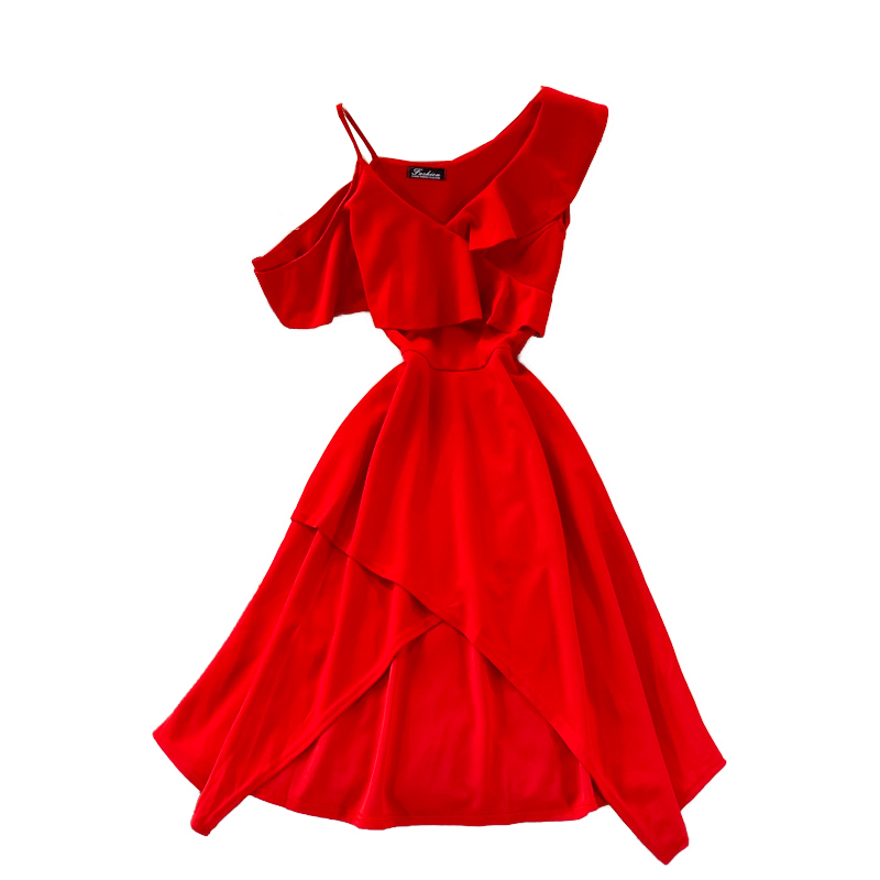 Summer New Elegant Sexy Cold-Shoulder Elegant Irregular Design Ruffled Spaghetti Straps Dress Fashion Dress - Image 6