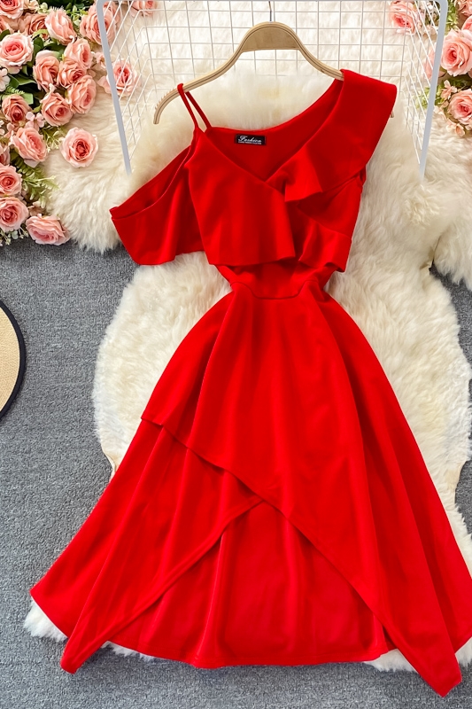 Summer New Elegant Sexy Cold-Shoulder Elegant Irregular Design Ruffled Spaghetti Straps Dress Fashion Dress - Image 7