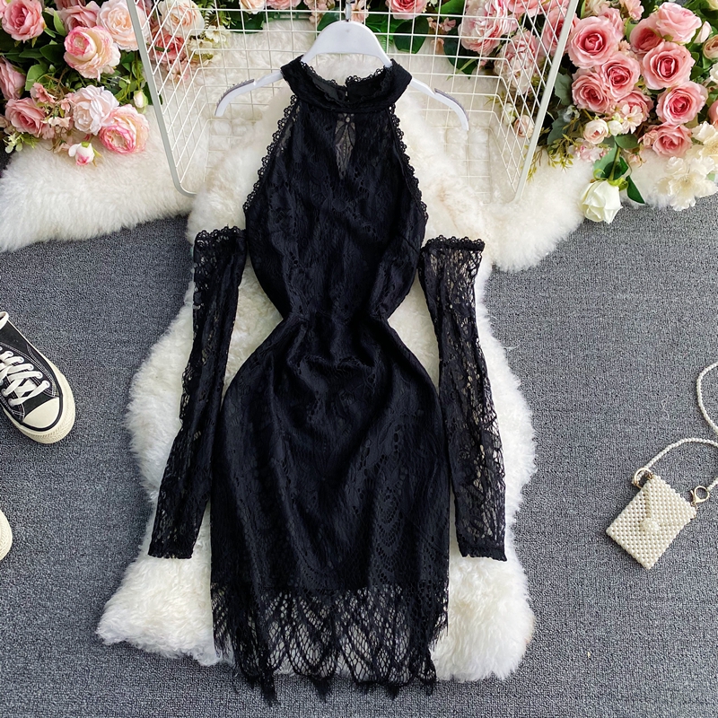 Summer New Fashion Socialite Style Elegant Slim-Fit Halter off-Shoulder and Black Lace Sheath Dress Dress Dress - Image 2