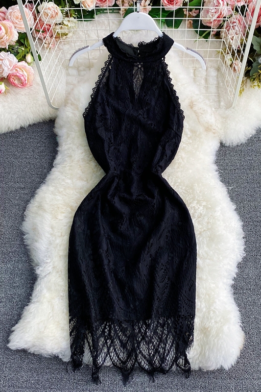 Summer New Fashion Socialite Style Elegant Slim-Fit Halter off-Shoulder and Black Lace Sheath Dress Dress Dress - Image 7