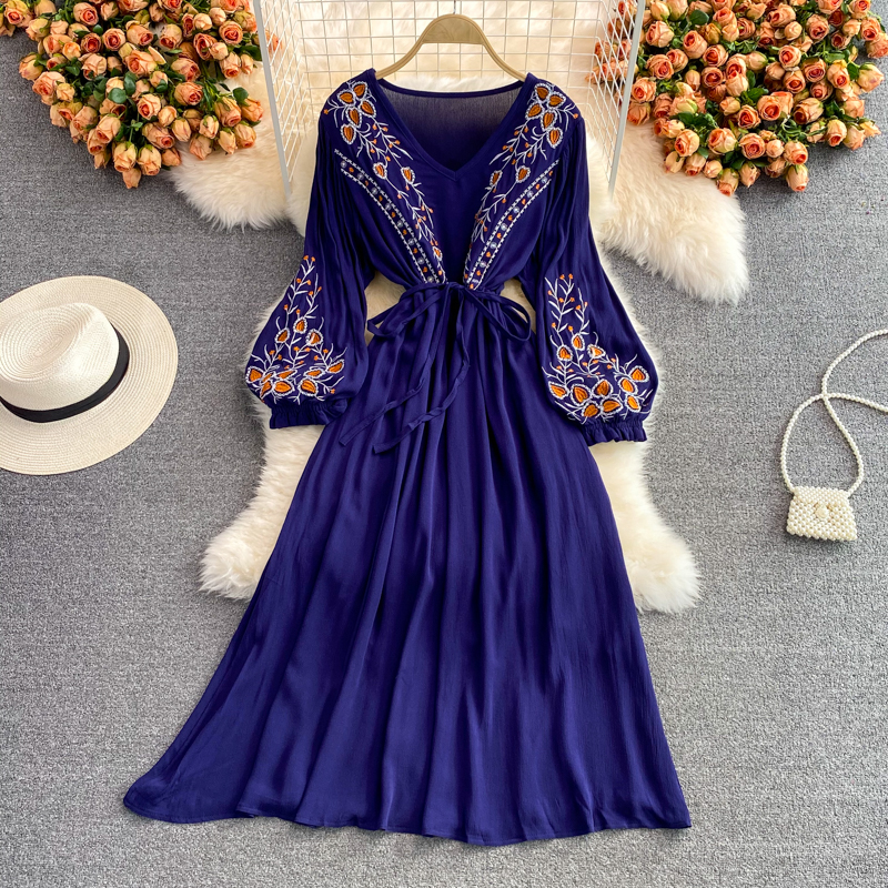 Ethnic Embroidery Temperament V-neck Lace-up Waist-Controlled Slimming Trip Shoot Holiday Dress Puff Sleeve Swing Long Dress - Image 2